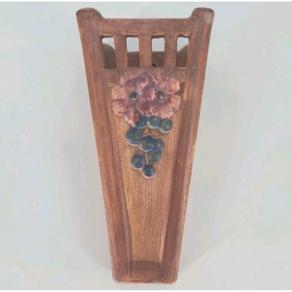 Weller Klyro Wall Pocket 1920s Art Pottery Grapes Flowers Brown 8.5" AS IS